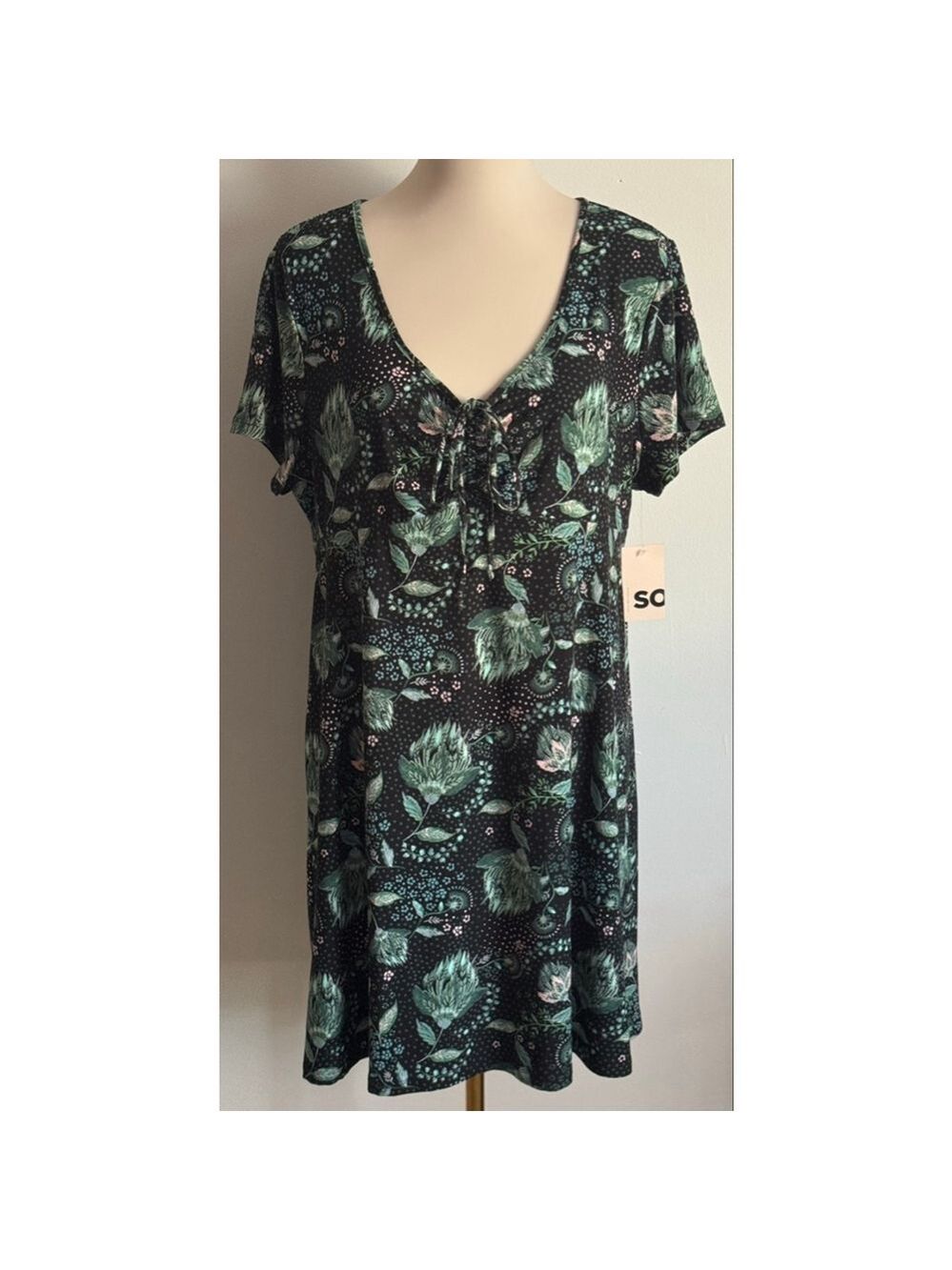Women's SO Black Green Floral Cinch Front Peasant Fit & Flare Dress XXL